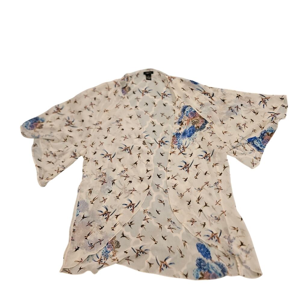 Rue21 Sheer Bird Floral Kimono Cardigan Women’s Small Blue Boho Open Front